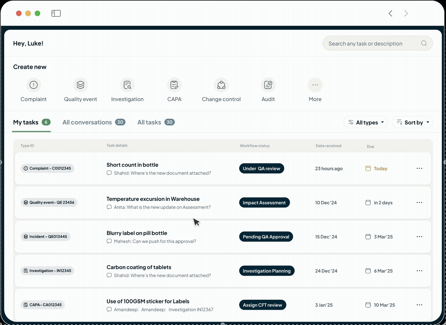 Quality Management System interface